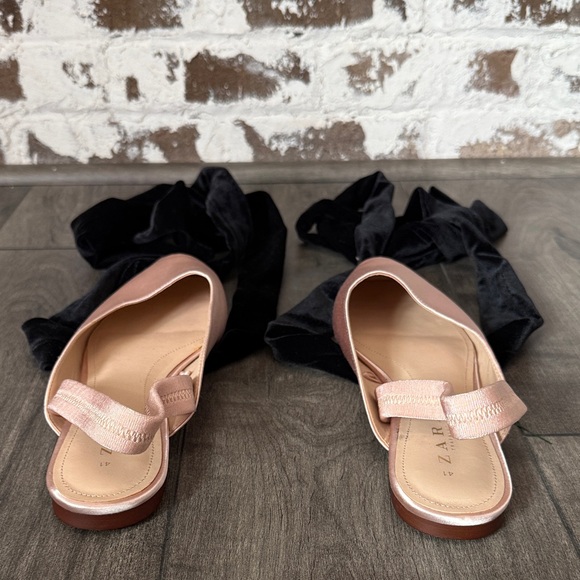 Zara Pink Satin Ballet Slingbacks with Black Ankle Tie - Picture 4 of 9
